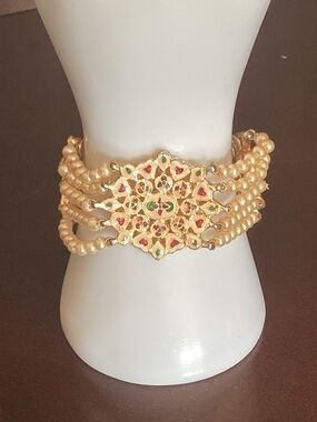 Traditional Hyderabadi Jadau Kundan and Meenakari multi-strand pearl bracelet